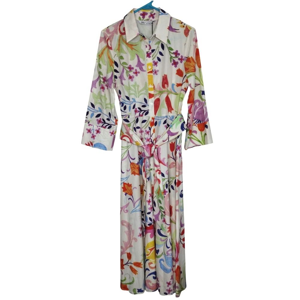 Zara White Maxi Shirt Dress with Multicolor Floral Print